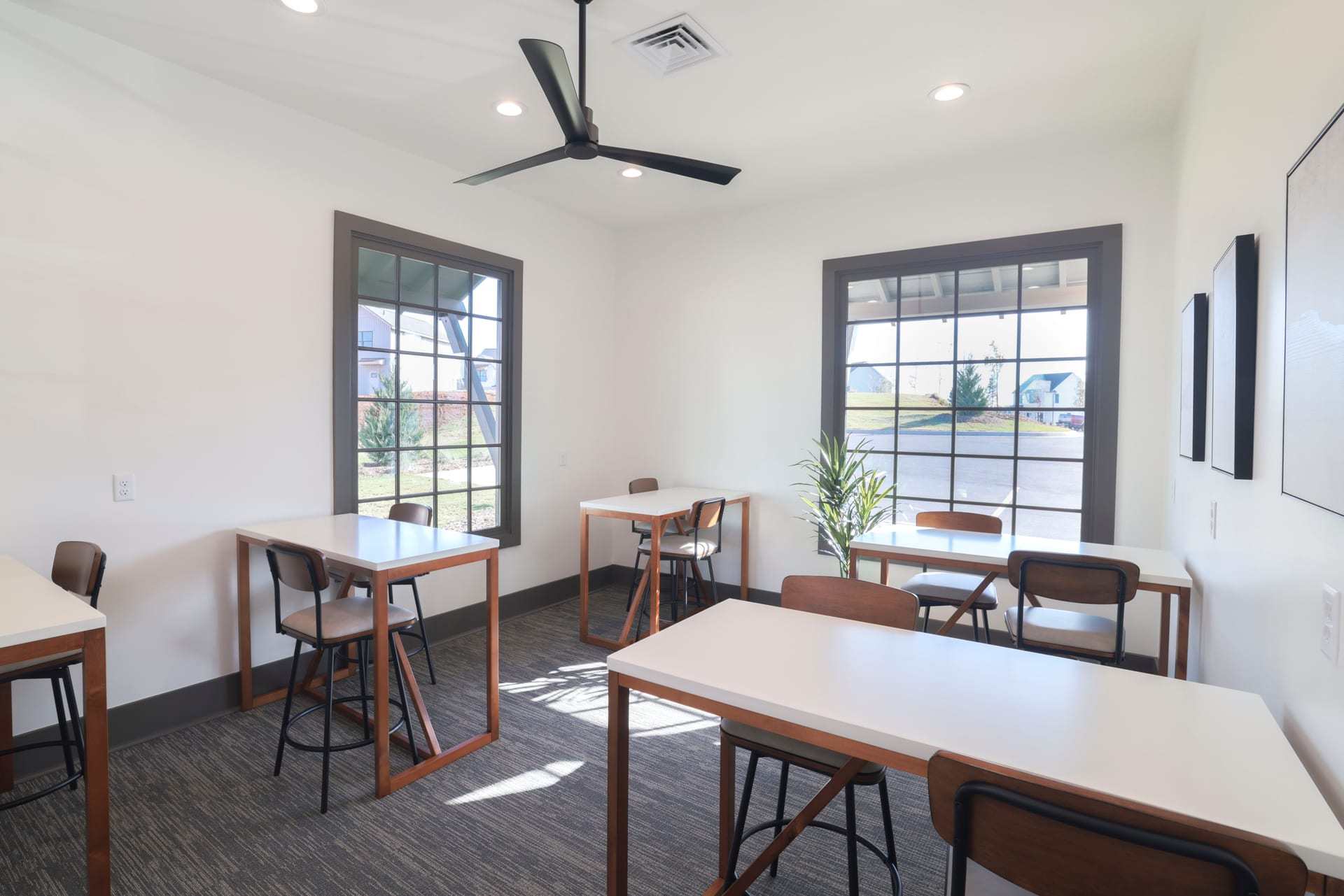 Grid windows flood the study with light across standing desks and warm wood chairs.