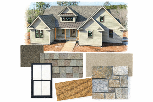 Inspiration board showcasing textures, tones, and design elements