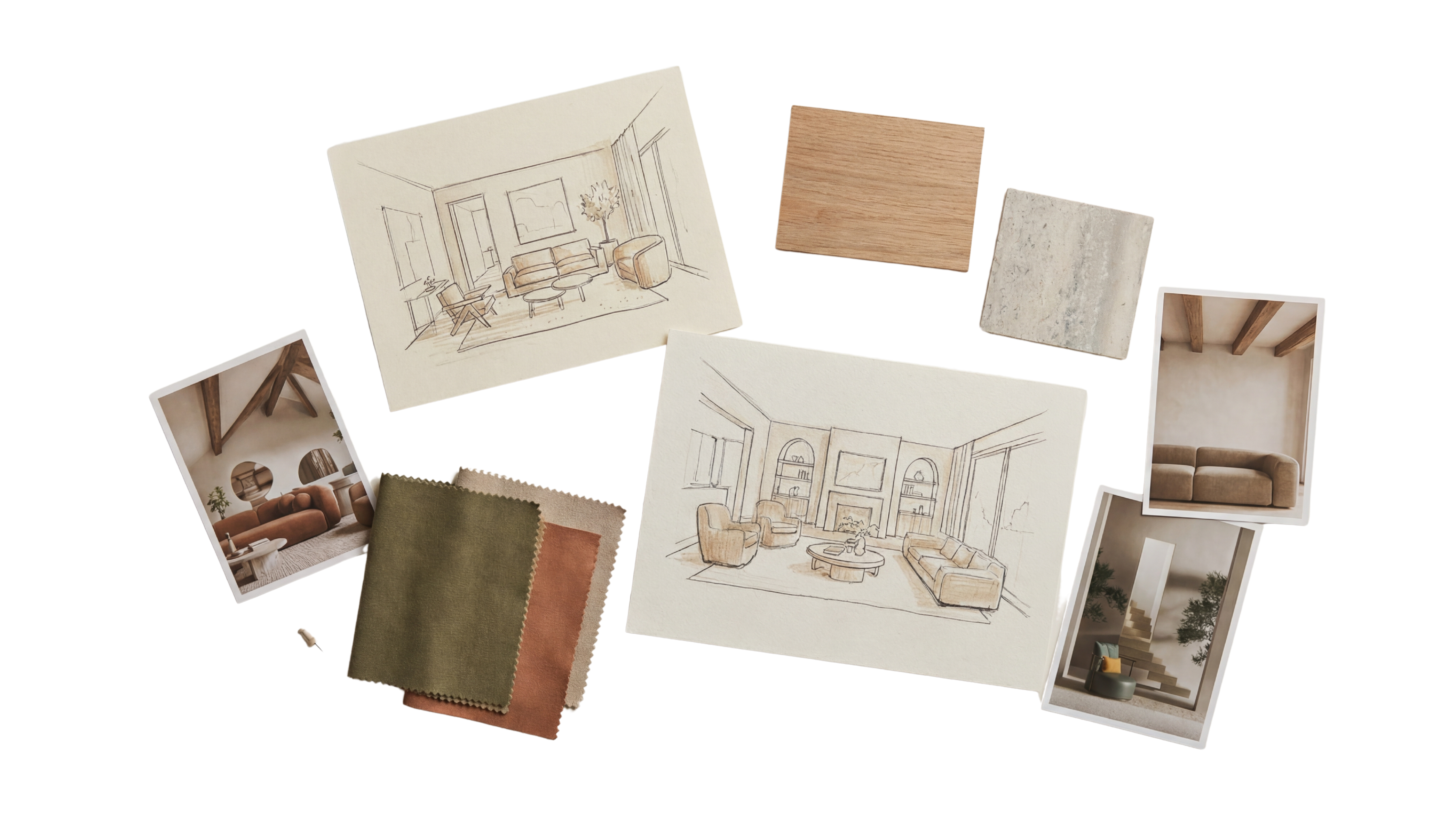 Inspiration board showcasing textures, tones, and design elements